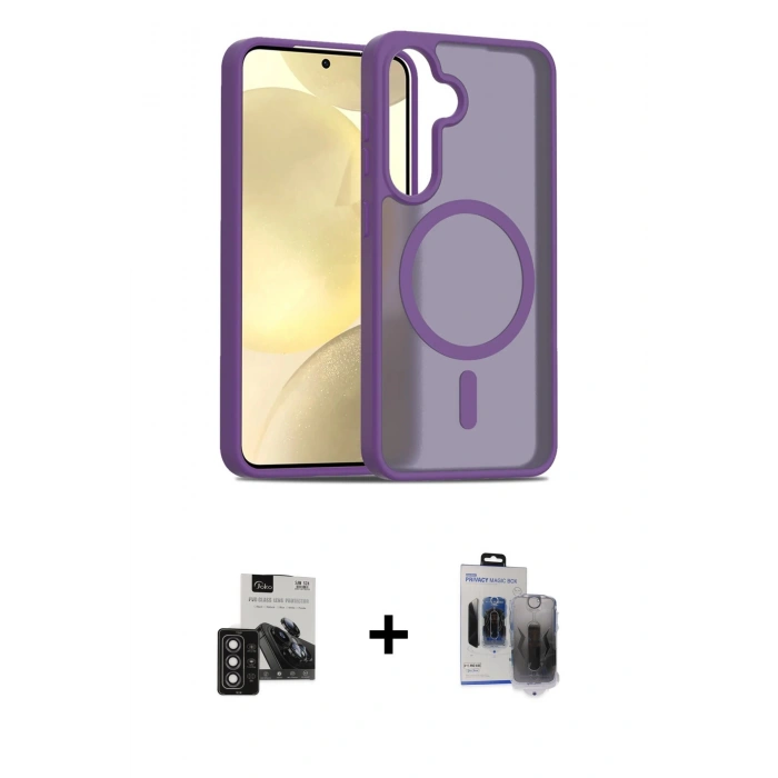 MARSİLYAN™- Galaxy S24 Kılıf Siluet Minimal Prime - Siyah Vanessa Magic Hayalet Cam + Derin Mor PVD Metal Kamera Lens