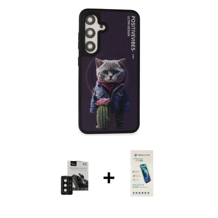 MARSİLYAN™- Galaxy S24 Kılıf Siluet Modern Özel Seri - Şeffaf Pasifik Cam Ekran Koruyucu + PVD Metal Kamera Lens - SH