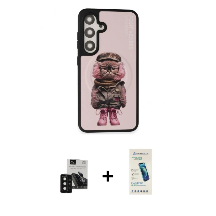 MARSİLYAN™- Galaxy S24 Kılıf Siluet Modern Özel Seri - Şeffaf Pasifik Cam Ekran Koruyucu + PVD Metal Kamera Lens - SH