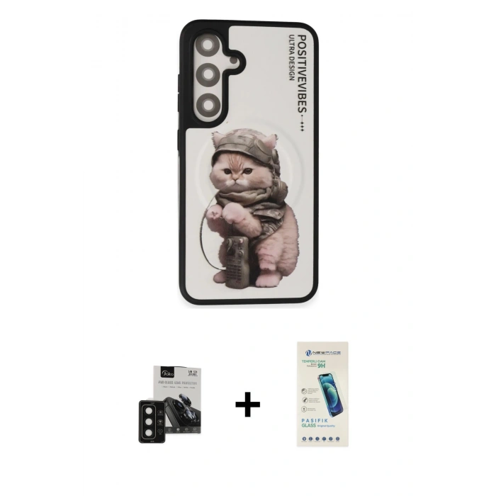 MARSİLYAN™- Galaxy S24 Kılıf Siluet Modern Özel Seri - Şeffaf Pasifik Cam Ekran Koruyucu + PVD Metal Kamera Lens - SH