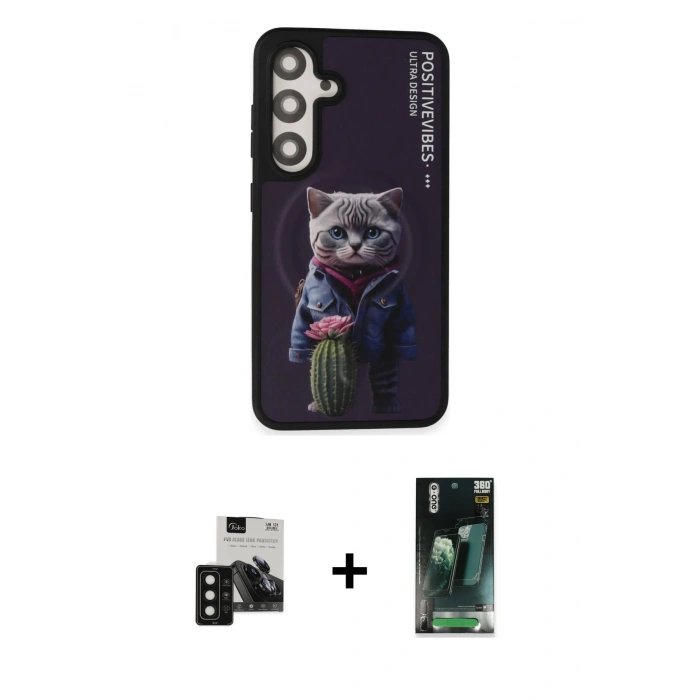 MARSİLYAN™- Galaxy S24 Kılıf Siluet Modern Özel Seri - Siyah 360 Mat Full Body Arka Koruyucu + PVD Metal Kamera Lens - SH
