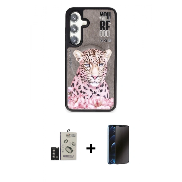 MARSİLYAN™- Galaxy S24 Kılıf Siluet Modern Özel Seri - Siyah 3D Antistatik Hayalet Cam Ekran Koruyucu + Bilvis Titan Kamera Lens - DNMR