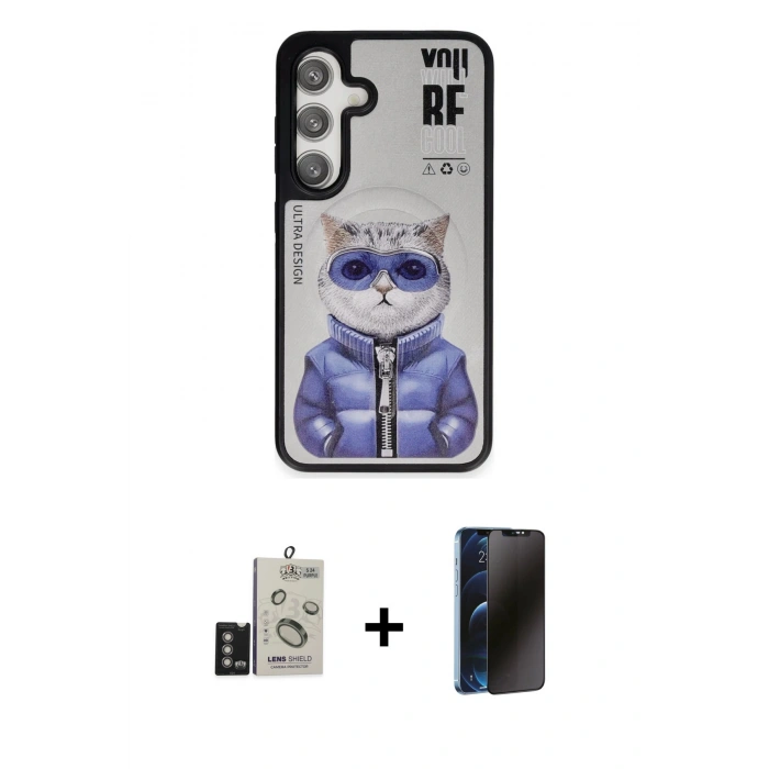 MARSİLYAN™- Galaxy S24 Kılıf Siluet Modern Özel Seri - Siyah 3D Antistatik Hayalet Cam Ekran Koruyucu + Bilvis Titan Kamera Lens - DNMR