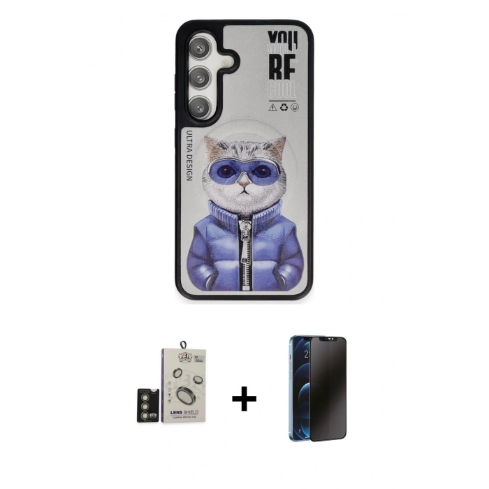 MARSİLYAN™- Galaxy S24 Kılıf Siluet Modern Özel Seri - Siyah 3D Antistatik Hayalet Cam Ekran Koruyucu + Bilvis Titan Kamera Lens - GD