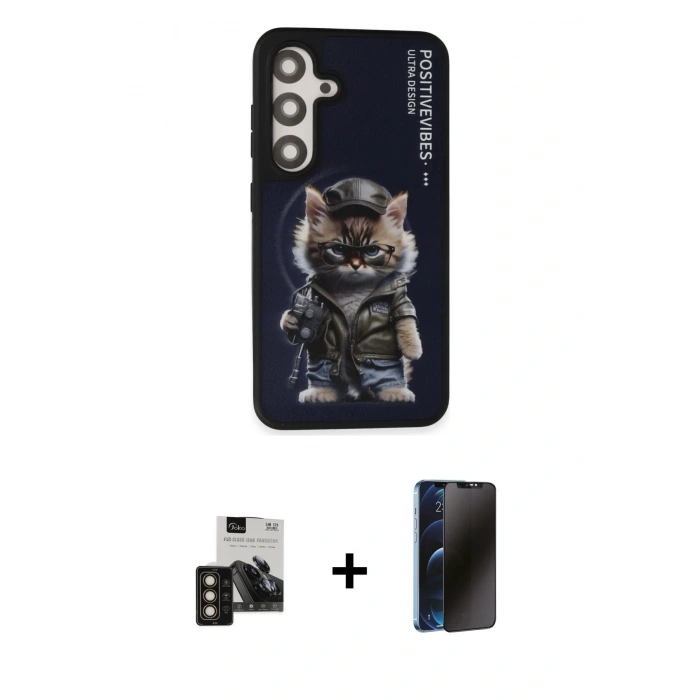 MARSİLYAN™- Galaxy S24 Kılıf Siluet Modern Özel Seri - Siyah 3D Antistatik Hayalet Cam Ekran Koruyucu + PVD Metal Kamera Lens - GD