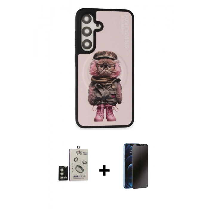 MARSİLYAN™- Galaxy S24 Kılıf Siluet Modern Özel Seri - Siyah 3D Antistatik Hayalet Cam Ekran Koruyucu + Bilvis Titan Kamera Lens - GD