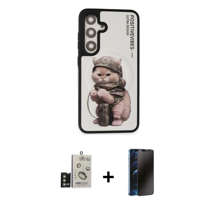 MARSİLYAN™- Galaxy S24 Kılıf Siluet Modern Özel Seri - Siyah 3D Antistatik Hayalet Cam Ekran Koruyucu + Bilvis Titan Kamera Lens - GD
