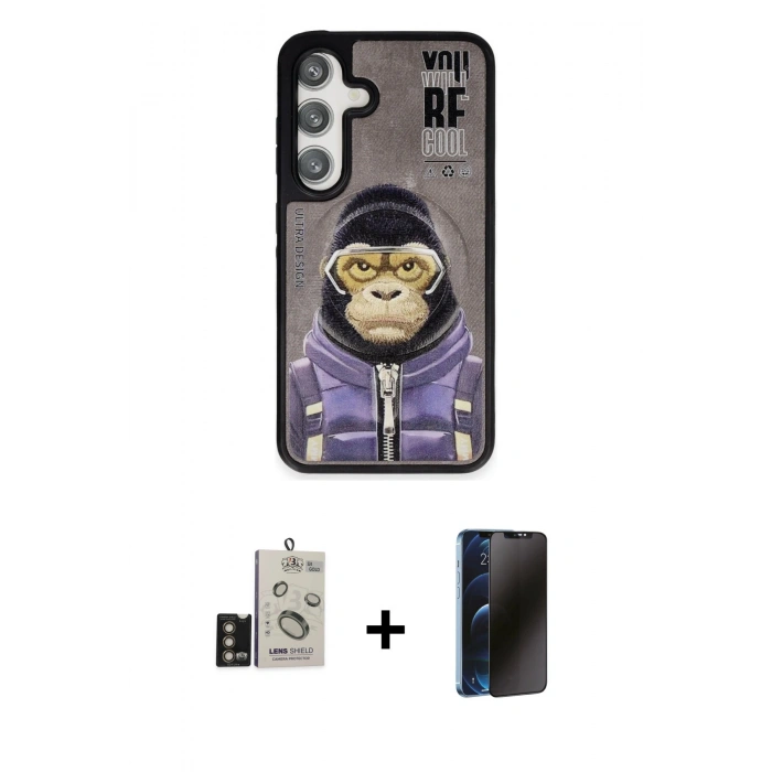 MARSİLYAN™- Galaxy S24 Kılıf Siluet Modern Özel Seri - Siyah 3D Antistatik Hayalet Cam Ekran Koruyucu + Bilvis Titan Kamera Lens - GD