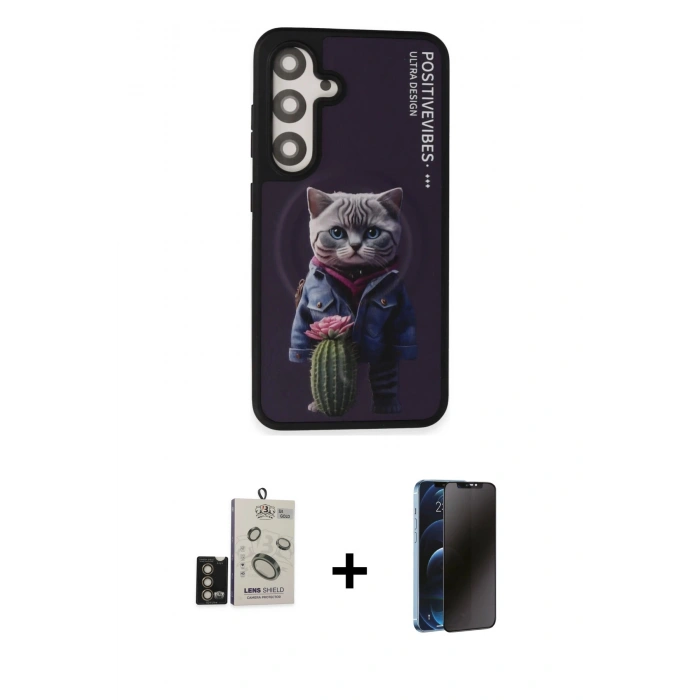 MARSİLYAN™- Galaxy S24 Kılıf Siluet Modern Özel Seri - Siyah 3D Antistatik Hayalet Cam Ekran Koruyucu + Bilvis Titan Kamera Lens - GD