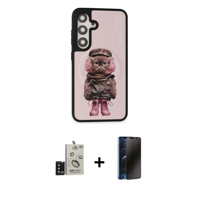 MARSİLYAN™- Galaxy S24 Kılıf Siluet Modern Özel Seri - Siyah 3D Antistatik Hayalet Cam Ekran Koruyucu + Bilvis Titan Kamera Lens - SH