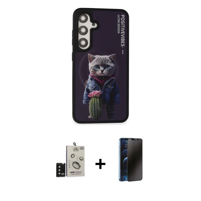 MARSİLYAN™- Galaxy S24 Kılıf Siluet Modern Özel Seri - Siyah 3D Antistatik Hayalet Cam Ekran Koruyucu + Bilvis Titan Kamera Lens - SH
