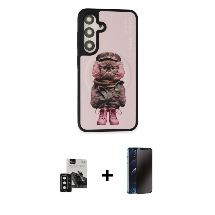 MARSİLYAN™- Galaxy S24 Kılıf Siluet Modern Özel Seri - Siyah 3D Antistatik Hayalet Cam Ekran Koruyucu + PVD Metal Kamera Lens - SH