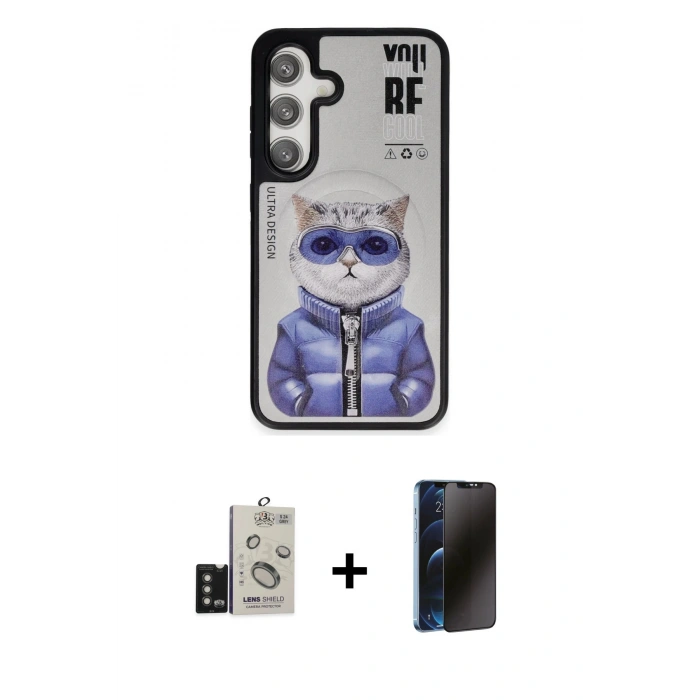 MARSİLYAN™- Galaxy S24 Kılıf Siluet Modern Özel Seri - Siyah 3D Antistatik Hayalet Cam Ekran Koruyucu + Bilvis Titan Kamera Lens - TMGI