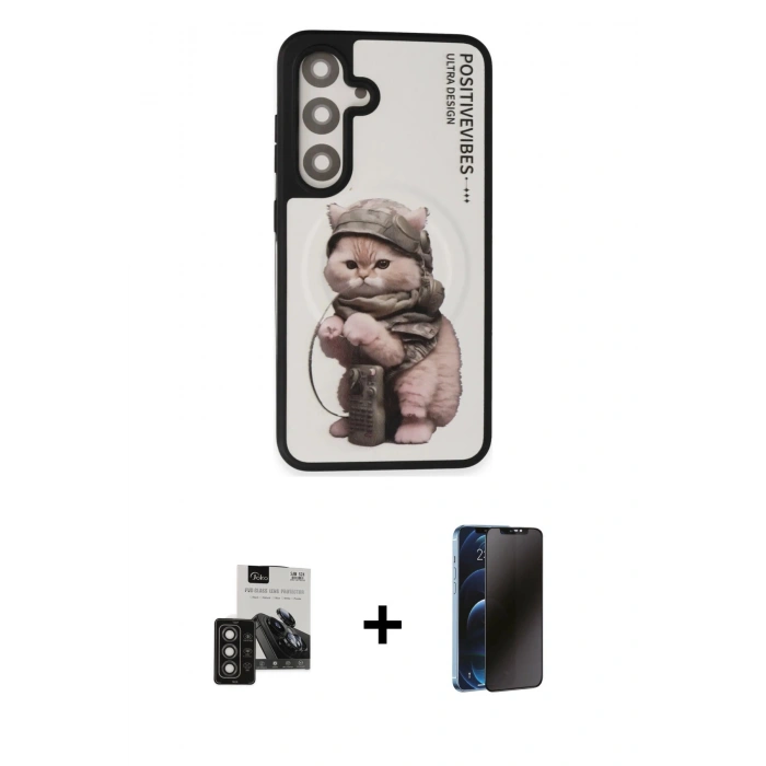MARSİLYAN™- Galaxy S24 Kılıf Siluet Modern Özel Seri - Siyah 3D Antistatik Hayalet Cam Ekran Koruyucu + PVD Metal Kamera Lens - TNGI