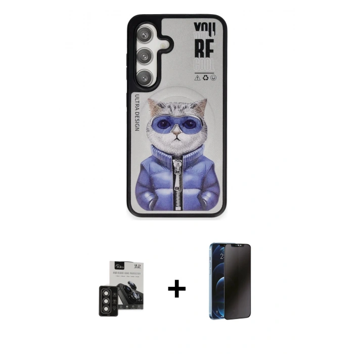 MARSİLYAN™- Galaxy S24 Kılıf Siluet Modern Özel Seri - Siyah 3D Antistatik Hayalet Cam Ekran Koruyucu + PVD Metal Kamera Lens - TNGI