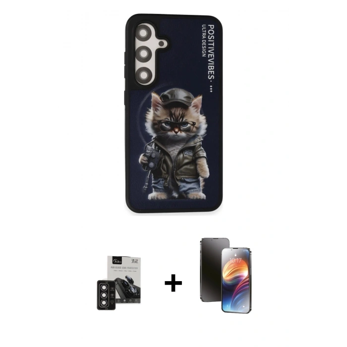 MARSİLYAN™- Galaxy S24 Kılıf Siluet Modern Özel Seri - Siyah 3D Antistatik Mat Seramik Nano Ekran Koruyucu + PVD Metal Kamera Lens - DNMR