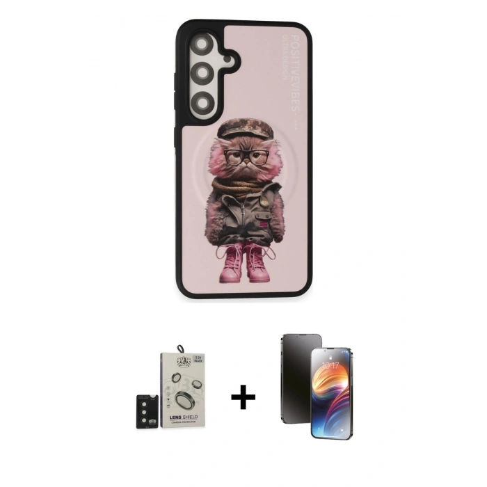 MARSİLYAN™- Galaxy S24 Kılıf Siluet Modern Özel Seri - Siyah 3D Antistatik Mat Seramik Nano Ekran Koruyucu + Siyah Bilvis Titan Kamera Lens
