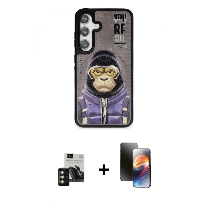 MARSİLYAN™- Galaxy S24 Kılıf Siluet Modern Özel Seri - Siyah 3D Antistatik Mat Seramik Nano Ekran Koruyucu + PVD Metal Kamera Lens - GD