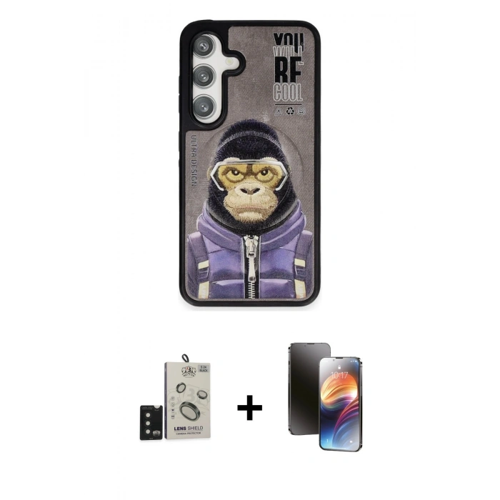 MARSİLYAN™- Galaxy S24 Kılıf Siluet Modern Özel Seri - Siyah 3D Antistatik Mat Seramik Nano Ekran Koruyucu + Siyah Bilvis Titan Kamera Lens