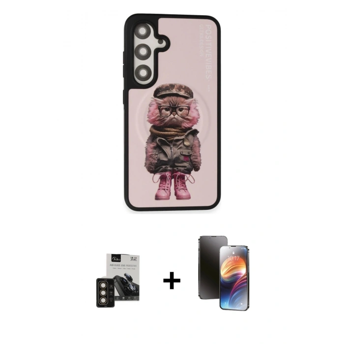 MARSİLYAN™- Galaxy S24 Kılıf Siluet Modern Özel Seri - Siyah 3D Antistatik Mat Seramik Nano Ekran Koruyucu + PVD Metal Kamera Lens - GD