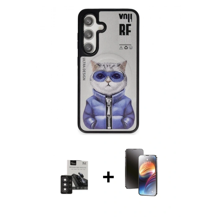 MARSİLYAN™- Galaxy S24 Kılıf Siluet Modern Özel Seri - Siyah 3D Antistatik Mat Seramik Nano Ekran Koruyucu + PVD Metal Kamera Lens - DNMR