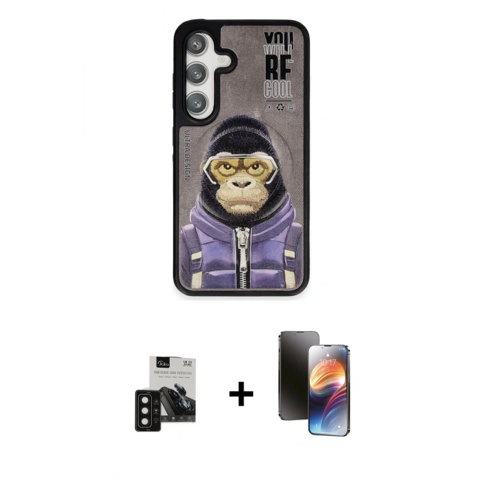 MARSİLYAN™- Galaxy S24 Kılıf Siluet Modern Özel Seri - Siyah 3D Antistatik Mat Seramik Nano Ekran Koruyucu + PVD Metal Kamera Lens - SH
