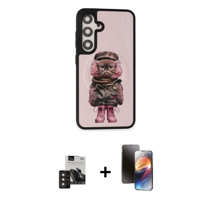 MARSİLYAN™- Galaxy S24 Kılıf Siluet Modern Özel Seri - Siyah 3D Antistatik Mat Seramik Nano Ekran Koruyucu + PVD Metal Kamera Lens - DNMR