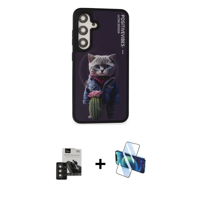 MARSİLYAN™- Galaxy S24 Kılıf Siluet Modern Özel Seri - Siyah 3D Antistatik Seramik Nano Ekran Koruyucu + PVD Metal Kamera Lens - TNGI