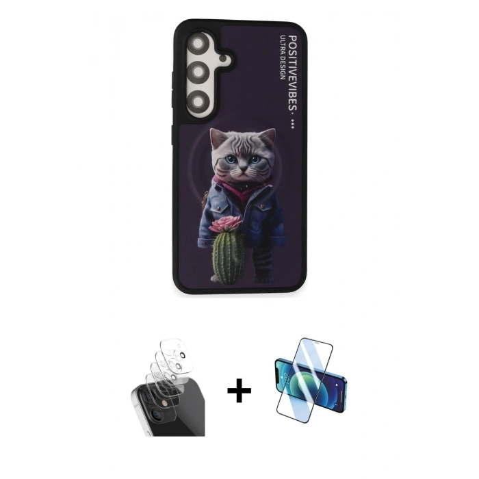 MARSİLYAN™- Galaxy S24 Kılıf Siluet Modern Özel Seri - Siyah 3D Antistatik Seramik Nano Ekran Koruyucu + Kamera Lens Koruma Cam - SF