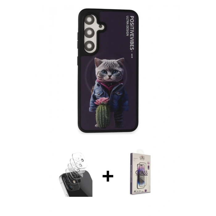 MARSİLYAN™- Galaxy S24 Kılıf Siluet Modern Özel Seri - Siyah Bilvis 3D Cam Ekran Koruyucu + Kamera Lens Koruma Cam - SF