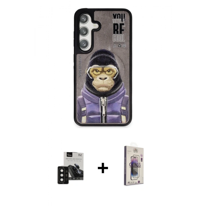 MARSİLYAN™- Galaxy S24 Kılıf Siluet Modern Özel Seri - Siyah Bilvis 3D Cam Ekran Koruyucu + PVD Metal Kamera Lens - SH