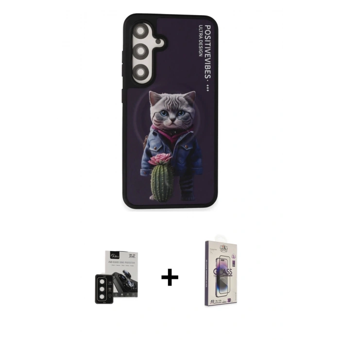 MARSİLYAN™- Galaxy S24 Kılıf Siluet Modern Özel Seri - Siyah Bilvis 3D Cam Ekran Koruyucu + PVD Metal Kamera Lens - SH