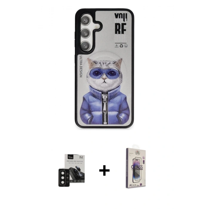 MARSİLYAN™- Galaxy S24 Kılıf Siluet Modern Özel Seri - Siyah Bilvis 3D Cam Ekran Koruyucu + PVD Metal Kamera Lens - SH
