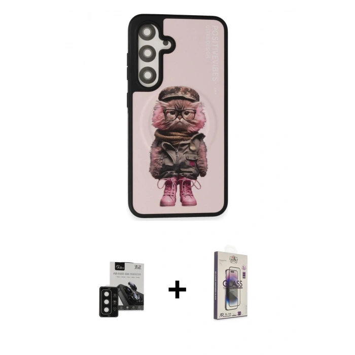 MARSİLYAN™- Galaxy S24 Kılıf Siluet Modern Özel Seri - Siyah Bilvis 3D Cam Ekran Koruyucu + PVD Metal Kamera Lens - SH