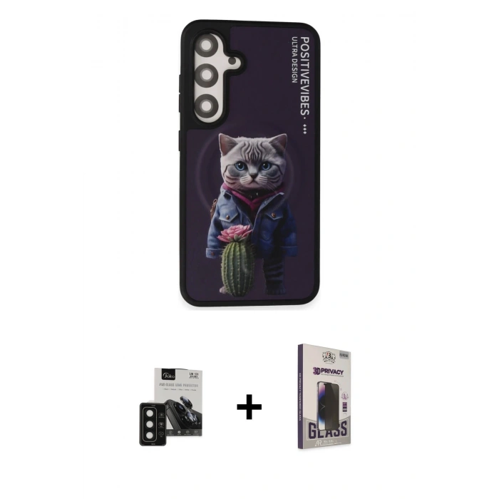 MARSİLYAN™- Galaxy S24 Kılıf Siluet Modern Özel Seri - Siyah Bilvis Hayalet Cam Ekran Koruyucu + PVD Metal Kamera Lens - SH