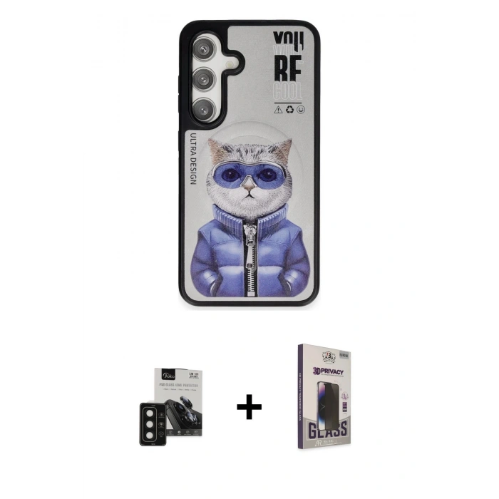 MARSİLYAN™- Galaxy S24 Kılıf Siluet Modern Özel Seri - Siyah Bilvis Hayalet Cam Ekran Koruyucu + PVD Metal Kamera Lens - SH