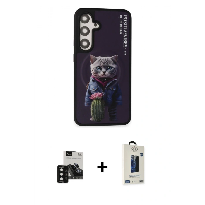 MARSİLYAN™- Galaxy S24 Kılıf Siluet Modern Özel Seri - Siyah Bilvis Hayalet Cam Ekran Koruyucu + PVD Metal Kamera Lens - SH
