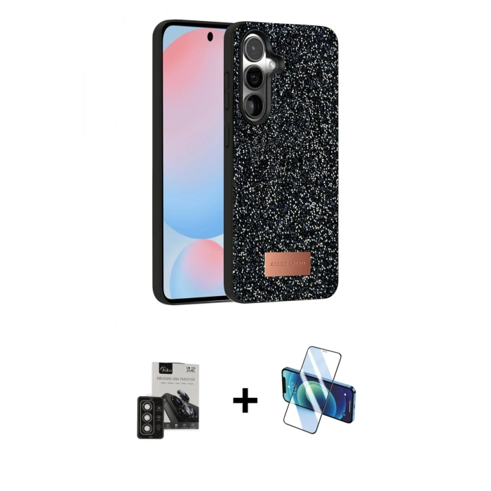 MARSİLYAN™- Galaxy S24 Kılıf Vadi Klasik Serisi - Siyah 3D Antistatik Cam Ekran Koruyucu + PVD Metal Kamera Lens - TNGI