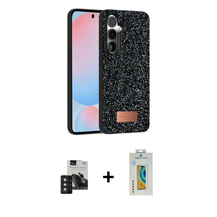 MARSİLYAN™- Galaxy S24 Kılıf Vadi Klasik Serisi - Siyah Polymer Nano Ekran Koruyucu + PVD Metal Kamera Lens - DNMR