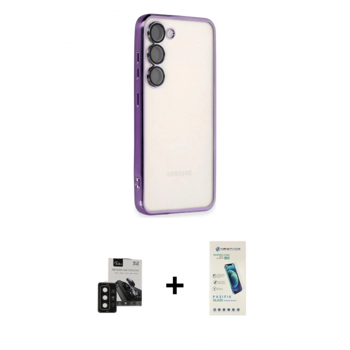 MARSİLYAN™- Galaxy S24 Kılıf Vadi Minimal - Şeffaf Pasifik Cam Ekran Koruyucu + PVD Metal Kamera Lens - SH