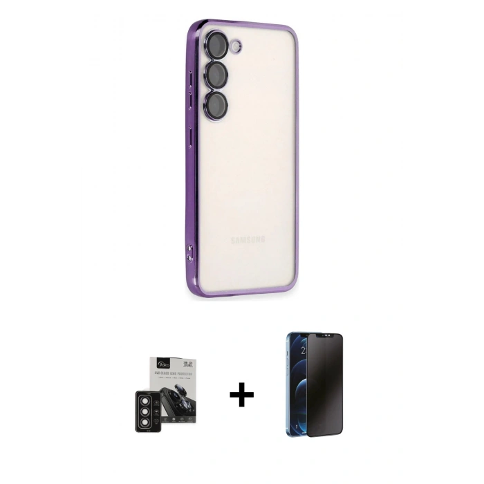 MARSİLYAN™- Galaxy S24 Kılıf Vadi Minimal - Siyah 3D Antistatik Hayalet Cam Ekran Koruyucu + PVD Metal Kamera Lens - DNMR