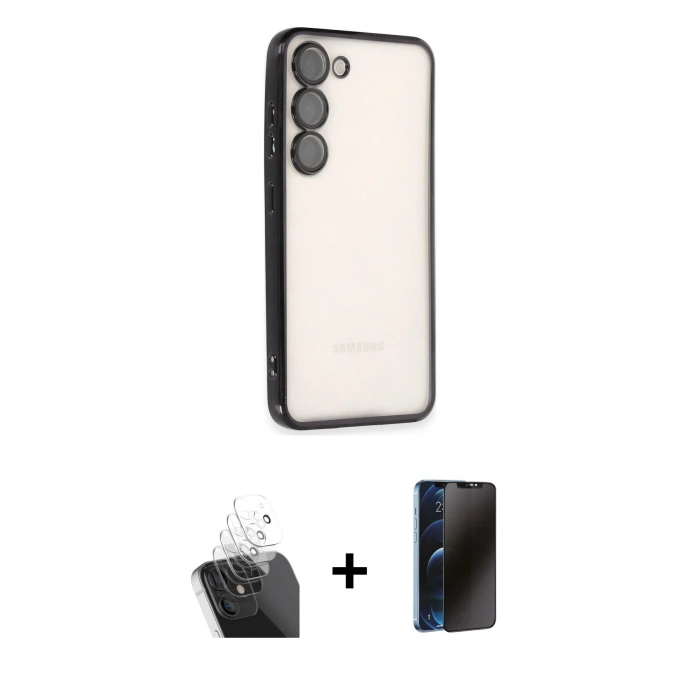 MARSİLYAN™- Galaxy S24 Kılıf Vadi Minimal - Siyah 3D Antistatik Hayalet Cam Ekran Koruyucu + Kamera Lens Koruma Cam - SF