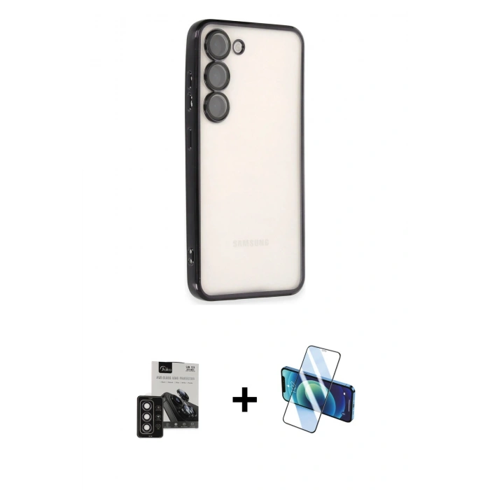 MARSİLYAN™- Galaxy S24 Kılıf Vadi Minimal - Siyah 3D Antistatik Seramik Nano Ekran Koruyucu + PVD Metal Kamera Lens - DNMR