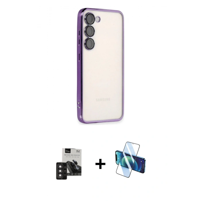MARSİLYAN™- Galaxy S24 Kılıf Vadi Minimal - Siyah 3D Antistatik Seramik Nano Ekran Koruyucu + PVD Metal Kamera Lens - DNMR