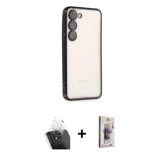 MARSİLYAN™- Galaxy S24 Kılıf Vadi Minimal - Siyah Bilvis 3D Cam Ekran Koruyucu + Kamera Lens Koruma Cam - SF