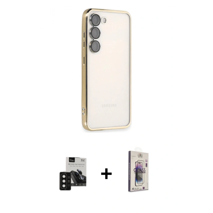 MARSİLYAN™- Galaxy S24 Kılıf Vadi Minimal - Siyah Bilvis 3D Cam Ekran Koruyucu + PVD Metal Kamera Lens - SH