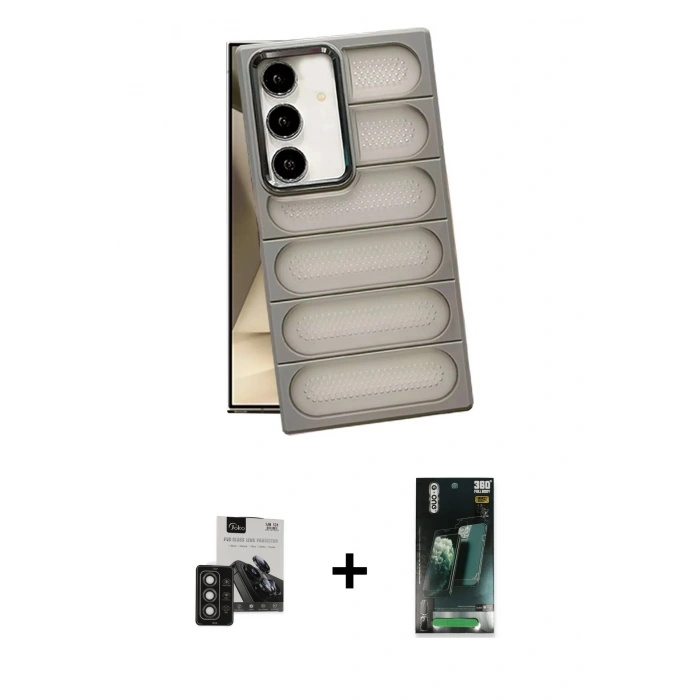 MARSİLYAN™- Galaxy S24 Kılıf Yadigar Doku Özel Seri - Şeffaf 360 Full Body Arka Koruyucu + PVD Metal Kamera Lens - TNGI