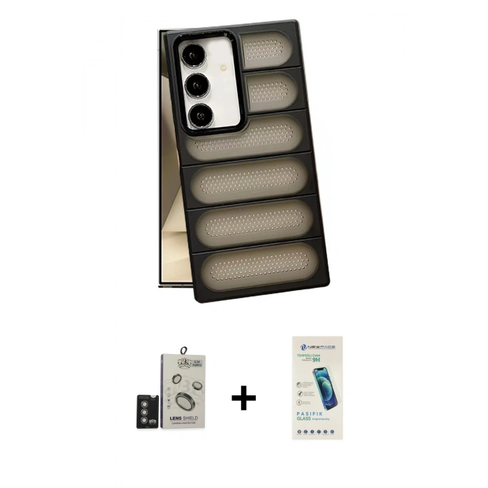 MARSİLYAN™- Galaxy S24 Kılıf Yadigar Doku Özel Seri - Şeffaf Pasifik Cam Ekran Koruyucu + Derin Mor Bilvis Titan Kamera Lens