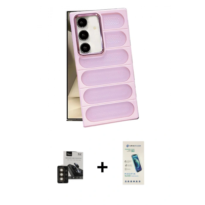 MARSİLYAN™- Galaxy S24 Kılıf Yadigar Doku Özel Seri - Şeffaf Pasifik Cam Ekran Koruyucu + PVD Metal Kamera Lens - GD