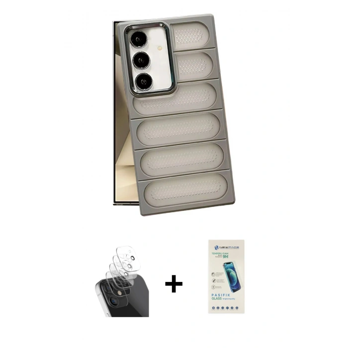 MARSİLYAN™- Galaxy S24 Kılıf Yadigar Doku Özel Seri - Şeffaf Pasifik Cam Ekran Koruyucu + Kamera Lens Koruma Cam - SF